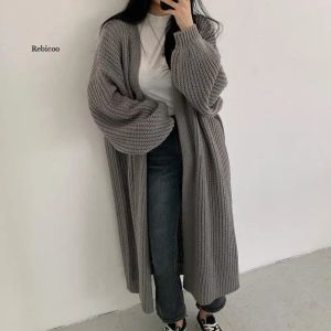 Pièces Cardigan femmes longue tricoté décontracté Vintage pull ample manteau solide surdimensionné pull mode coréenne femmes Cardigans 2021