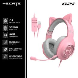 Piezas Edificador HECATE G2II Auriculares de oreja de gato Pink 7.1 Auriculares de juegos de sonido envolvente RGB Luz, auriculares con micrófono de cancelación de ruido para PC