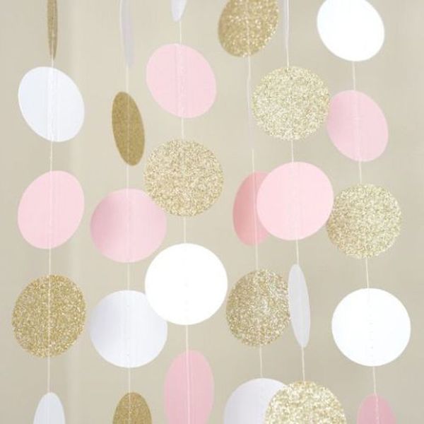 Party Banners Streamers Confetti Pink White and Gold Glitter Circle Polka Dots Paper Garland Banner 10 FT Banner décor confettis
