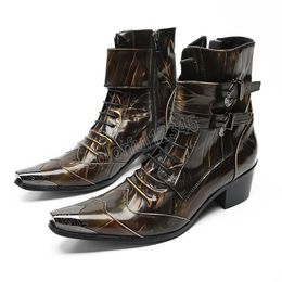 Party Club Mannelijke Kleding Schoenen Puntschoen Gesp Lace Up Korte Motorlaarzen Cowboy Heren Echt Lederen Korte Laarzen