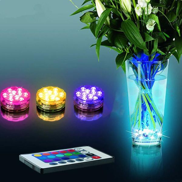 Decor de la fête RVB Télécommande LED Lumières submersibles Lumières imperméables Bougie de poisson Tank Vases Base Night Light Xmas Saint Valentin Cadeaux