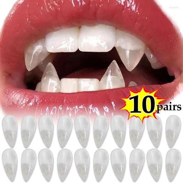 Decoración de fiesta 1-10 pares de dientes falsos de vampiro para adultos, dentaduras postizas transparentes, colmillos, dientes de zombi para horror, accesorios de Halloween sangrientos