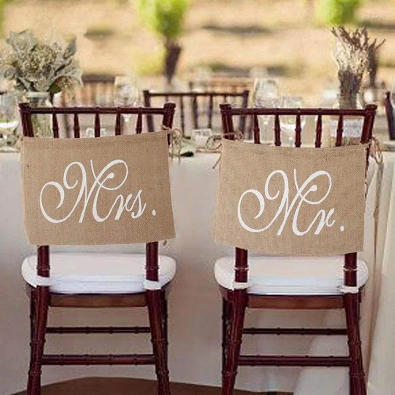 Украшение вечеринки 1 сет г -н миссис свадебный стул баннер джут -мешковины висящие знаки винтажные деревенские поставки PO