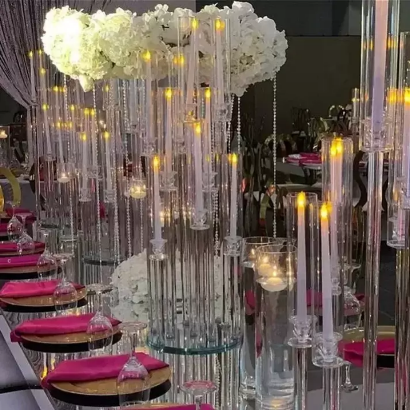 Decoración de fiestas 10 brazos largos tallo largo moderno acrílico acrílico huracanes Candelas de cristales Centros de mesa de boda 907