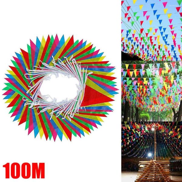 Decoración de fiesta 100M Banderas de triángulo multicolor Bunting Banner Garland para jardín de infantes Jardín de la boda Tienda de bodas Decoraciones de la calle