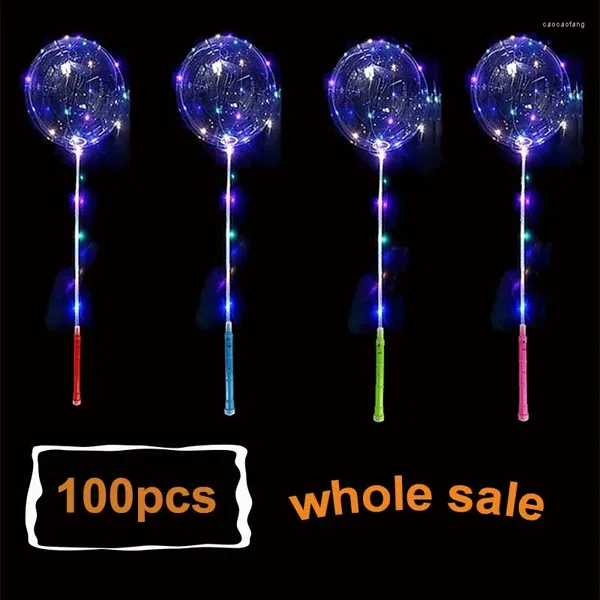 Décoration de fête 100pcs Vente entière LED LIGHT UP BOBO BALLOOP Transparent Bubble 3 Niveau Flashing Handle avec des bâtons de 70 cm