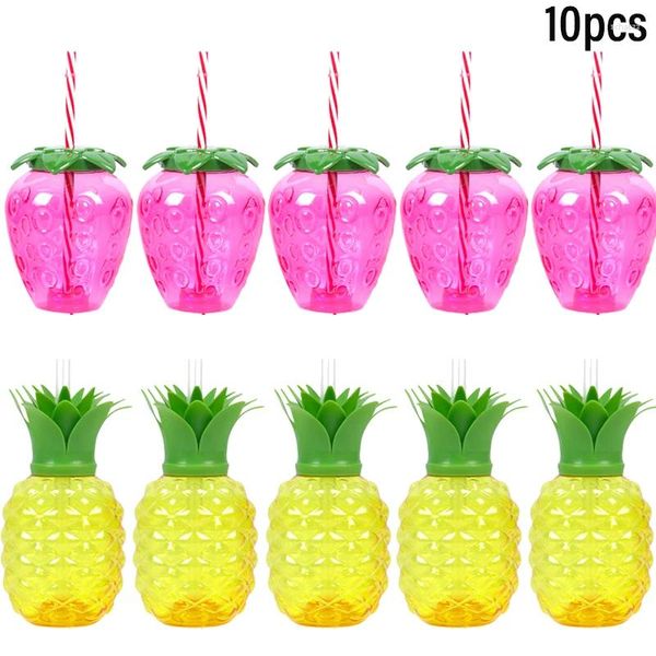 Décoration de fête 10pcs Plastique à la fraise à ananas Tasse de boisson avec paille Hawaii Luau Flamingo Summer Beach Pool Decor