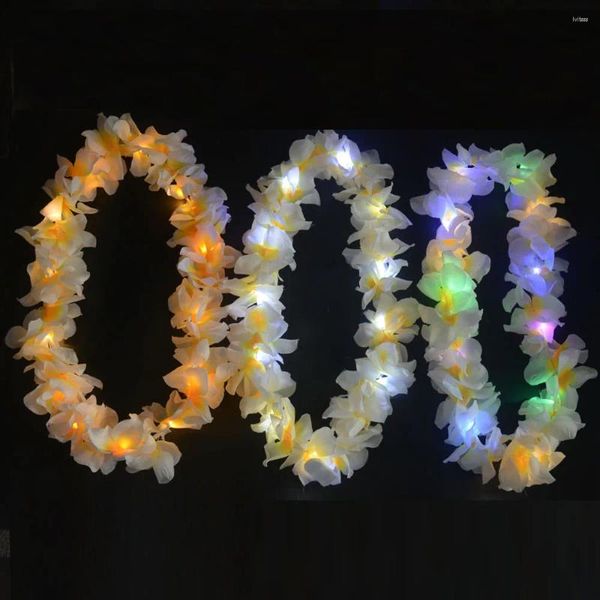 Décoration de fête 10pcs blanc hawaïen leis tropical lueur éclairer collier de fleurs bandeau avec lumières LED mascarade plage mariage