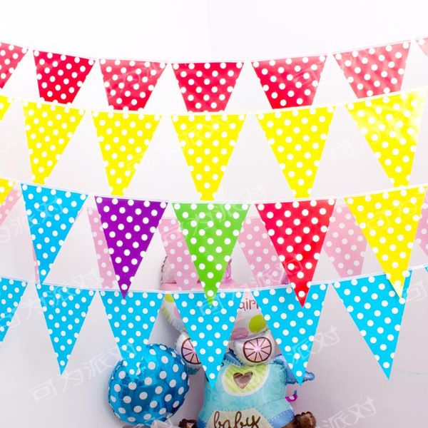 Décoration de fête 10sets / lot Baby Shower Bleu Rose Vert Pois Thème Bannière Suspendue Décorer Bunting Garçons Faveurs Fanion Anniversaire Drapeaux