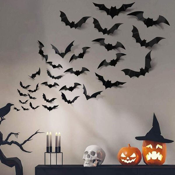 Décoration de fête 12/24 pièces Halloween 3D noir PVC chauve-souris bricolage décor Bar salle effrayant décos accessoires autocollant mural