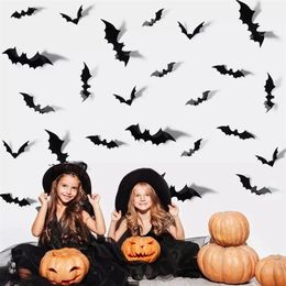 Party Decoratie 122448PCS PVC 4D Halloween Bat Wall Stickers Halloween Decorations Lifely Black Bats Enge Props Diy Home Room Wandstickers 220908