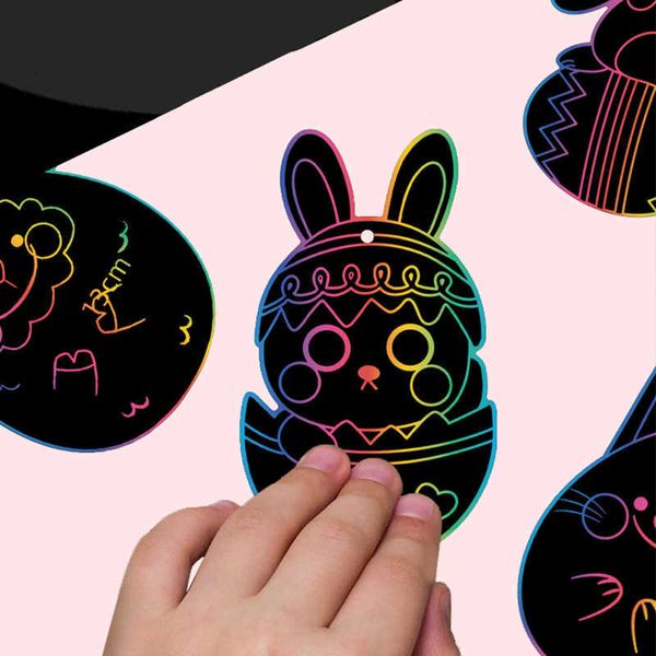 Décoration de fête 12pc lapin de Pâques peinture colorée ensemble bricolage oeuf suspendus ornements cadeau pour enfants papier à gratter jouet feston Y2302