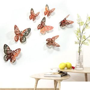 Décoration de fête 12 pièces/lot 3D creux papillon autocollant mural décoration papillons décalcomanies bricolage maison amovible murale fête mariage enfants Dhrd1