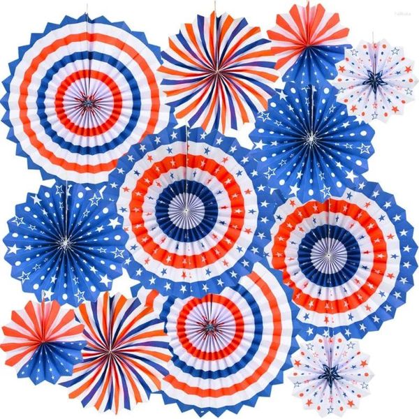 Décoration de fête 12pcs / Set DIY Rouge Bleu Blanc Papier Fan Fleur Décorations Patriotiques Fans Suspendus Motif Rond Guirlandes Décor