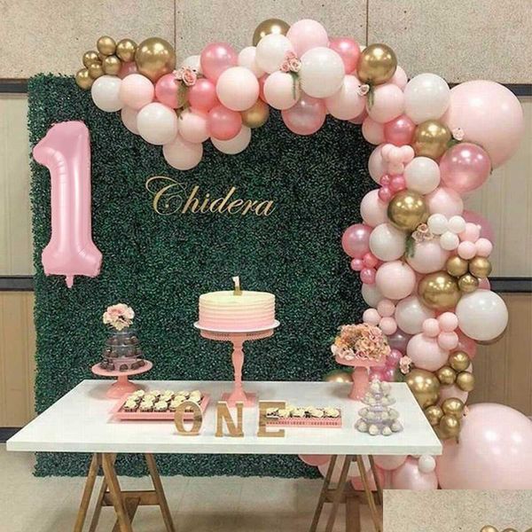 Decoración de fiesta 135 piezas Kit de guirnalda de arco de globo de oro blanco rosa 1-9 Globos de números Baby Shower Air Globos Boda Fiesta de cumpleaños Dec Dhtu4