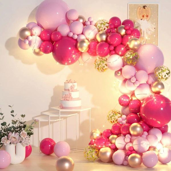 Decoración de fiesta 139 unids rosa rosa colorido metálico confeti globo guirnalda arco conjunto luz cálida niñas cumpleaños boda telón de fondo