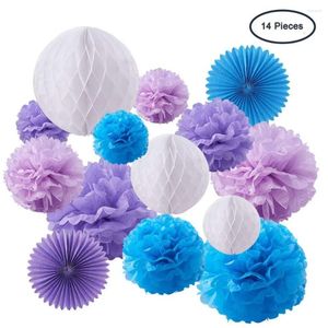 Décoration de fête 14 pièces Pompom Papier Papet Fleurs Fleurs en nid d'abeille 3 style Purple Blue Fan Decor for Wedding Event Table