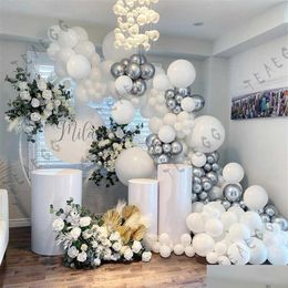 Décoration de fête 147pcs Blanc Chrome Métallique Sier Ballon Guirlande Kit Pour Anniversaire Ballons De Mariage Mariée Baby Shower X072276C Dhog6