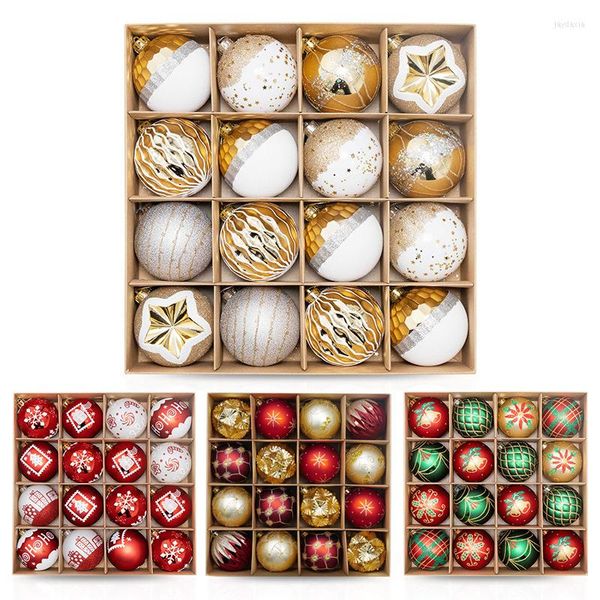 Décoration de fête 16pcs 8cm / 6cm Ensemble de boules de Noël 8cm Boules rondes en plastique peintes à la main Ornements d'arbre de Noël Fournitures festives