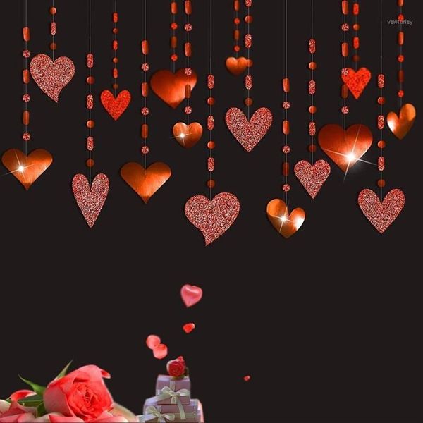 Décoration de fête 16pcs Glitter Red Heart Garland Décorations Suspendues Streamer Bannière String Toile de fond pour la Saint-Valentin Mariage295k