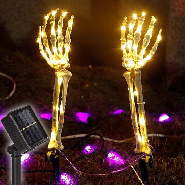 Décoration de fête 1 paire squelette main lumière solaire extérieur bras éclairé piquets crâne rougeoyant mains Halloween pelouse lampe 220915