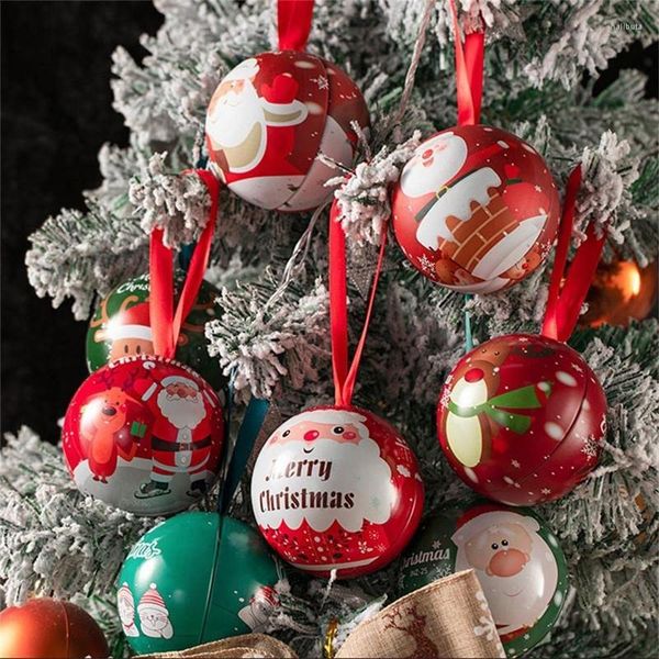 Décoration de fête 1 pc boîte à bonbons de noël arbre boule ornements fer blanc rond pot de rangement enfants cadeau