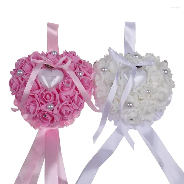 Décoration de fête 1pcs en forme de coeur Rose Fleurs Boîte de mariage romantique Bijoux de mariage Case porteur d'oreiller coussin de coussin cadeau de la Saint-Valentin