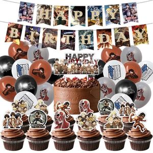 Décoration de fête 1set Attaque sur Titan Balloons Anime Fans Cartoon Banner Happy Birthday Flags Cake Toppers Decor Supplies203a