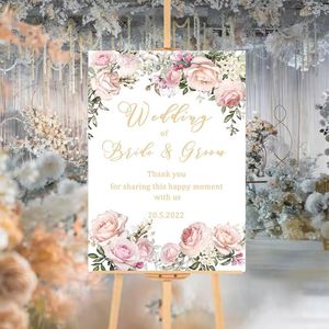 Décoration de fête 1er anniversaire de mariage Panneau de bienvenue Porte d'entrée Aquarelle Rose Rose Fleur Imprimer Texte personnalisé Grands autocollants