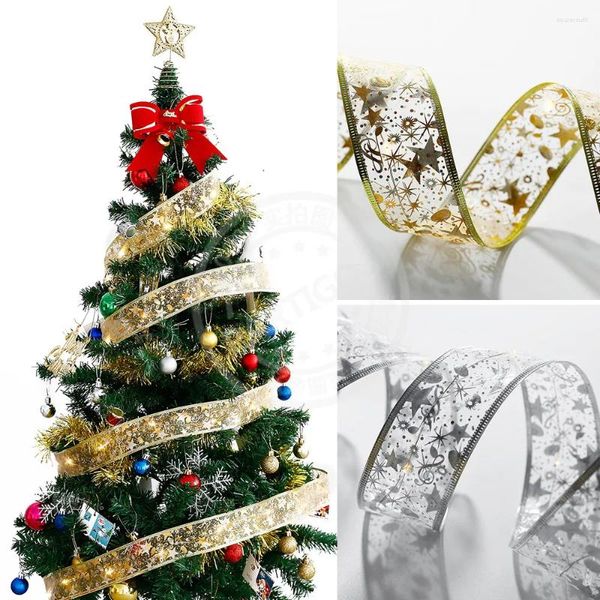 Decoración de fiestas 2/1M luces de cuerda de hadas doradas plateado bowknot cinta de árbol de navidad decoraciones de la luz del hogar