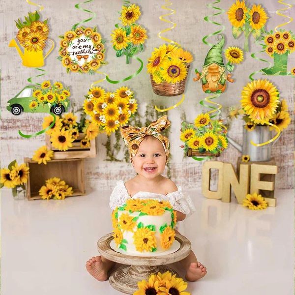 Décoration de fête 2024 thème tournesol pendentif en spirale scène d'anniversaire enfants garçon fille bébé douche bannière suspendue