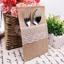 Décoration de fête 20pcs dentelle toile de jute couverts pochette vintage jute hessian couteau porte-fourchette rustique mariage anniversaire vaisselle sac