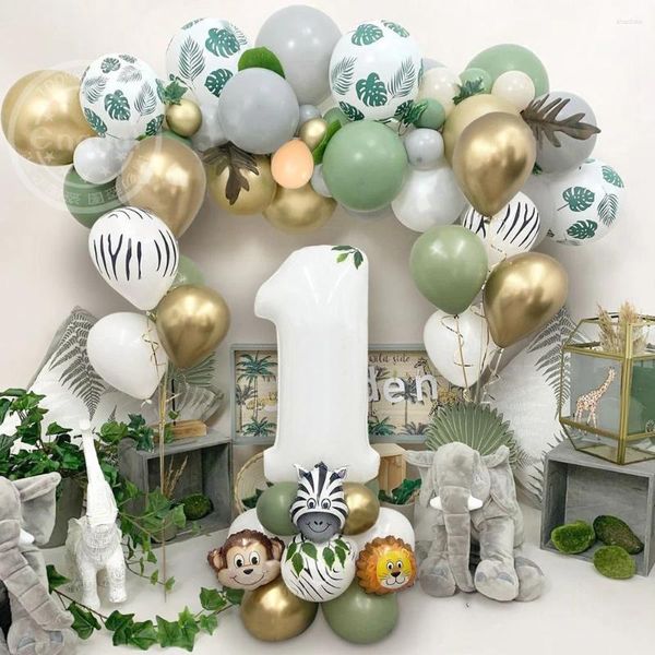 Decoración de fiestas 21/52pcs Jungle Animal Número Juego de globo retro Aguacate Verde Metálico Metálico Látex de 1 año Baby Shower Decora