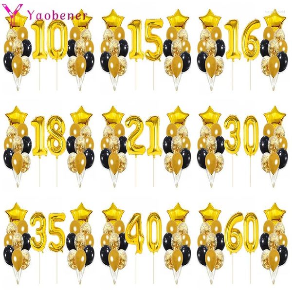 Décoration de fête 22pcs Numéro d'or noir Ballons en latex Joyeux anniversaire Décorations Adultes Enfants 10 15 16 18 25 30 35 40 50 60 ans