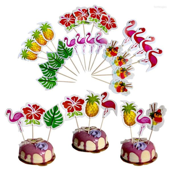 Décoration de fête 24 pièces Luau Cupcake Toppers cure-dents hawaïens avec flamant rose ananas feuilles de palmier forme pics décor de plage d'été tropical