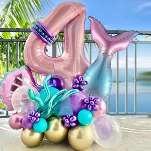 Décoration de fête 24pcs thème sirène violet rose queue coquille feuille ballon 40 pouces numéro ballons filles anniversaire babyshower océan
