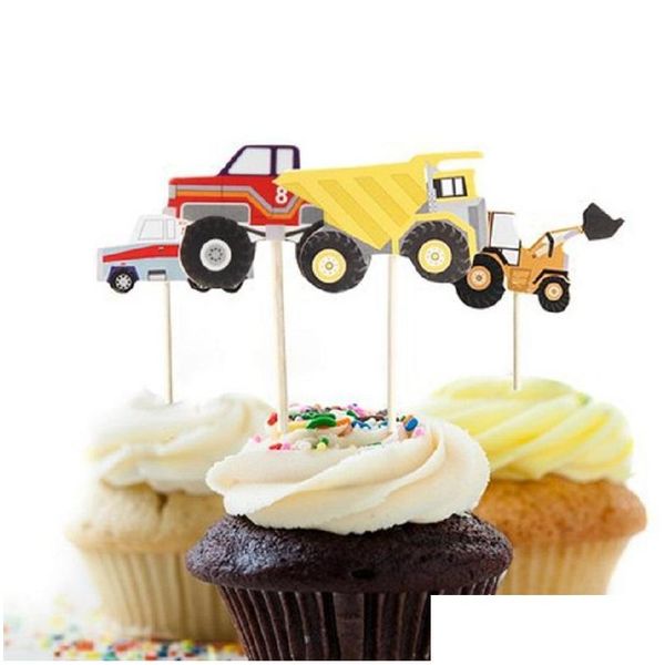 Décoration de fête 24pcs / set différentes fournitures de thème de voiture de bande dessinée cupcake toppers choisir des décorations d'anniversaire d'enfant wa1365 drop livraison h dhj6t