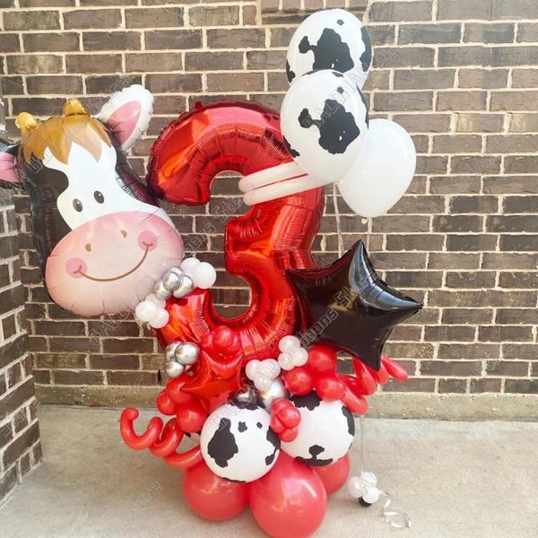 Décoration de fête 25pcs thème animal de ferme tour de ballon de vache ensemble 30 pouces numéro rouge enfants joyeux anniversaire approvisionnement