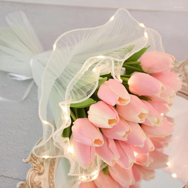 Decoración de fiesta 2M LED Flower Bouquet Wrapper Tulle Roll White Tulip Rose Packaging Hilo Festival de boda Regalo Pastel Decoración Suministros