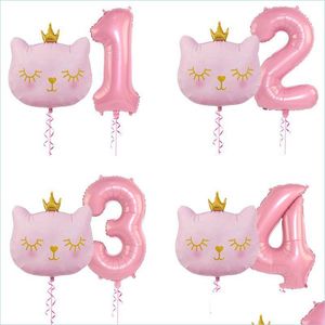 Feestdecoratie 2 stks/Set Big Cat Head Aluminium Ballonnen 32inch roze 1 2 3 4 jaar Verjaardag Ballon Baby Shower Globos Drop Bdesports Dhpoq