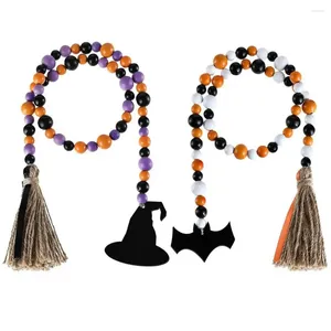 Décoration de fête 2pcs / Set Halloween Berne en bois Garland Breded Ornement avec Tassels Farmhouse Perles Wall Witch Hat