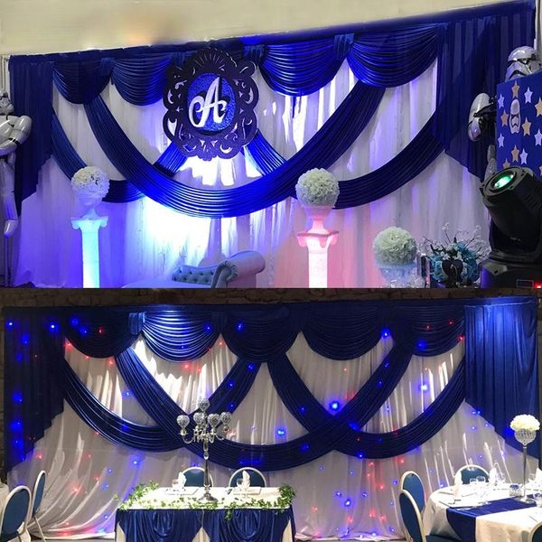 Party-Dekoration, 3 x 6 m, weiße Hochzeitshintergründe aus Eisseide mit königsblauem Swag-Bühnenhintergrund, Drapierung und Vorhang