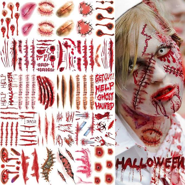 Decoración de fiesta 30 unids/set Halloween Tatuajes temporales Zombie Maquillaje Cicatriz Herida Sangre Sangrado Tatuaje Pegatinas Niños Mujeres Hombres Cosplay