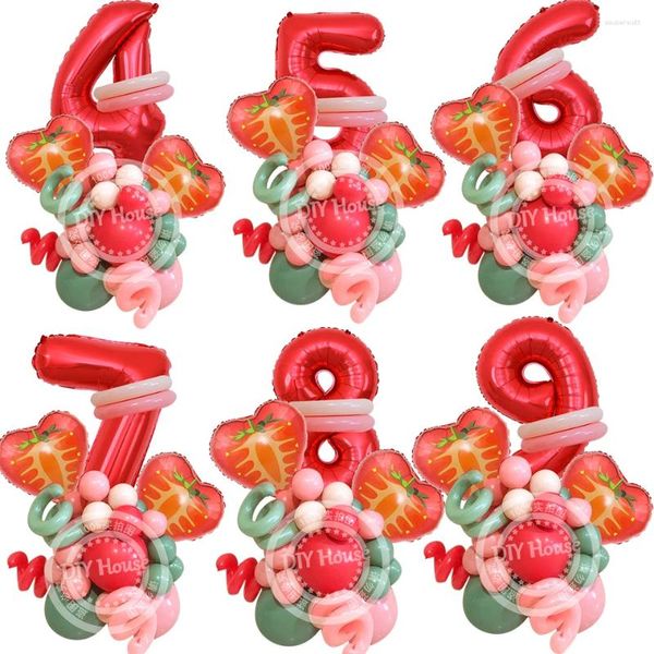 Décoration de fête 31pcs tour de ballon de fraise avec numéro rouge 1-9 pour enfants anniversaire été fournitures hawaïennes