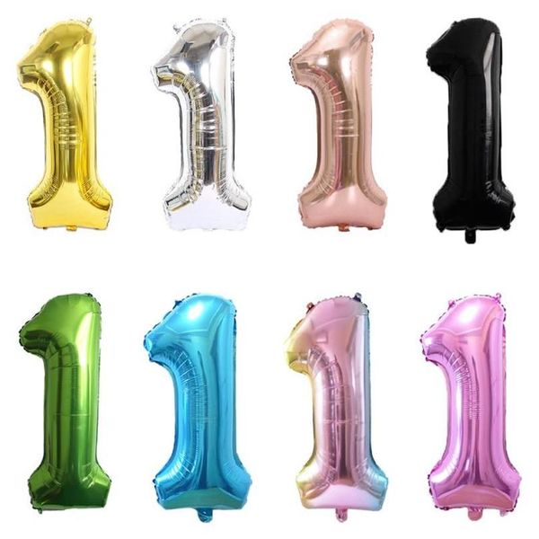 Feestdecoratie 32 40 inch Rose Goud Zilver Zwart Nummer 1 Folie Ballonnen Baby Douche Digit Helium 1e Verjaardag Supplies267j