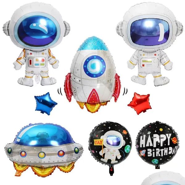 Decoración de fiesta Globos de cohetes 3D Astronauta Globo de aluminio Espacio exterior Nave espacial Et Ballon para Birthdayboy Niños Globos Juguetes Drop De Dhm4T