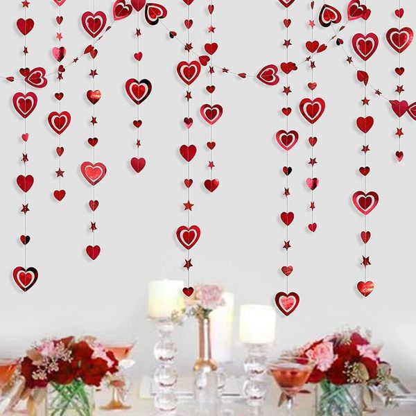 Décoration de fête 3M rouge anniversaire mariage 3D coeur étoile papier guirlandes suspendus fête des mères fiançailles douche nuptiale Bachelorette