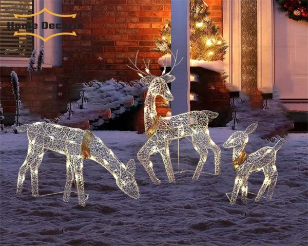Décoration de fête 3pcs Christmas Fer Whited Deer LED Light Glowing Garden Elk Statue Outdoor Yard Rendeer Ornement Ornement Home Dec5278334