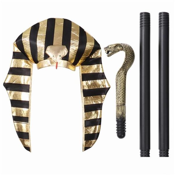 Décoration de fête 3pcs / ensemble costume égyptien doré pharaon roi chapeau cléopâtre en forme de serpent avec sceptre femmes hommes Halloween cosplay DH4Cm