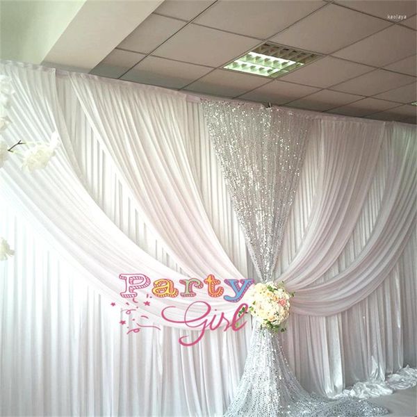 Décoration de fête 3x6m rideau de toile de fond de mariage en soie de glace blanche avec draperie en paillettes argentées fond de scène Po stand Banquet d'événement